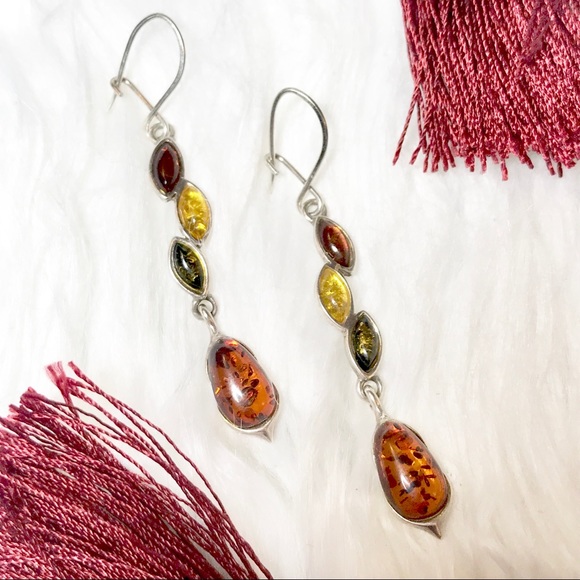 925 Sterling Genuine Mulicolor Green Yellow Honey Baltic Amber Dangle Ea… - Picture 8 of 8